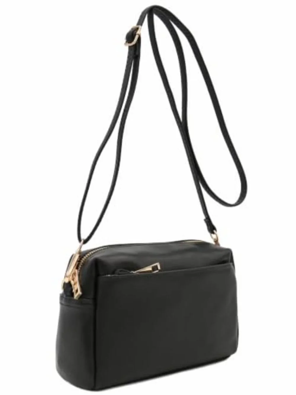 Small crossbody bag with triple zip compartments, faux leather & gold hardware